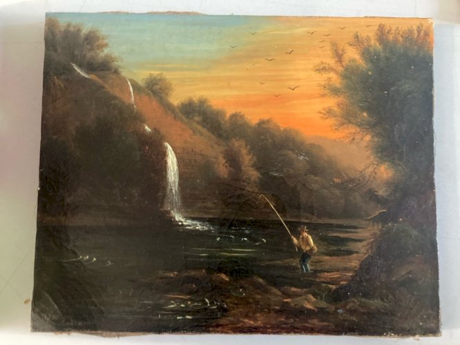 Peinture Huile Sur Toile Peche Pêcheur Rivière À Identifier Paysage XIXe Ancien
