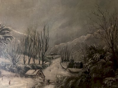Oil Painting on Canvas Village Scene Snow W H Fletcher Landscape 19th Century Antique