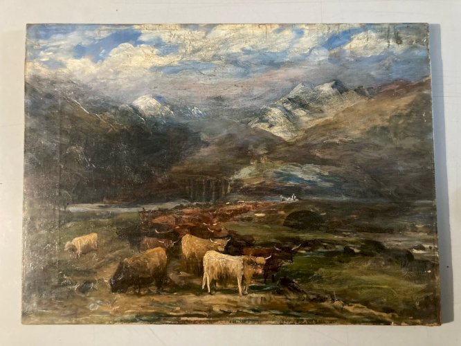 Peinture Huile Sur Toile XIXe Troupeau Vaches Vache École Anglaise