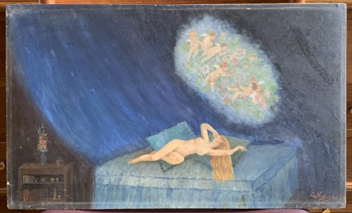 Peinture huile symbolisme rêve bleu par Georges Negre salon de Levallois 1966
