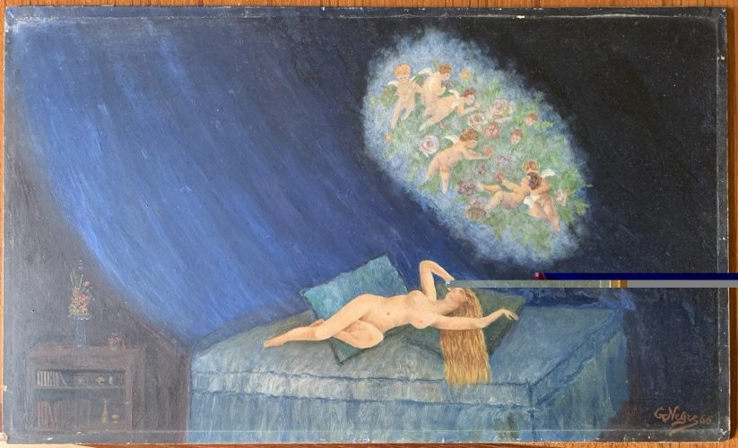 Peinture huile symbolisme rêve bleu par Georges Negre salon de Levallois 1966