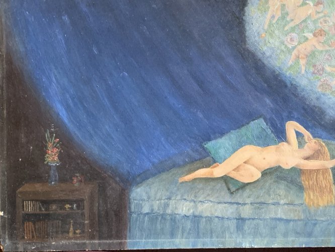 Peinture huile symbolisme rêve bleu par Georges Negre salon de Levallois 1966