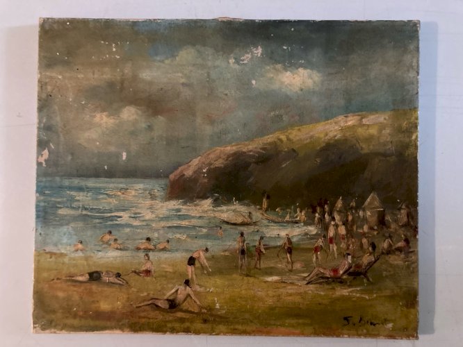 Peinture Huile Toile 1920 Mer Ocean Plage Painting Ancien Old Expressionnisme