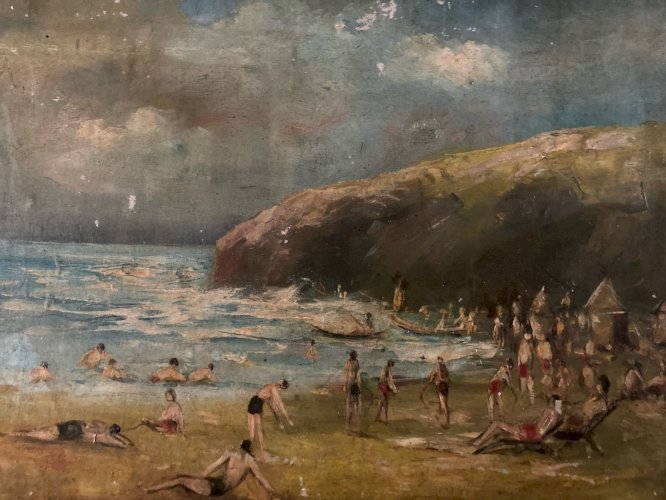 Peinture Huile Toile 1920 Mer Ocean Plage Painting Ancien Old Expressionnisme