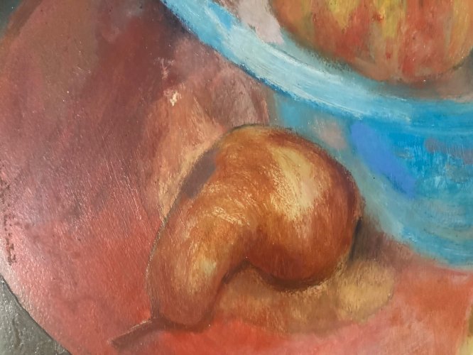 Peinture Huile Toile 1970 nature morte Cidre Pomme Calvados Art Fruit Lormier