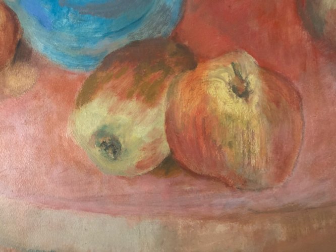 Peinture Huile Toile 1970 nature morte Cidre Pomme Calvados Art Fruit Lormier