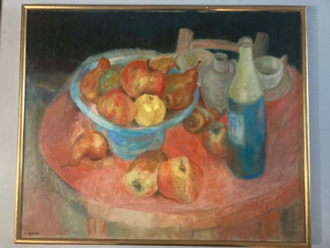 Peinture Huile Toile 1970 nature morte Cidre Pomme Calvados Art Fruit Lormier