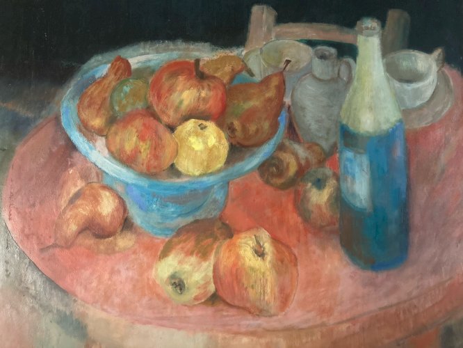 Peinture Huile Toile 1970 nature morte Cidre Pomme Calvados Art Fruit Lormier