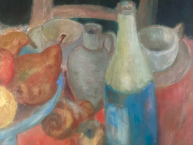 Peinture Huile Toile 1970 nature morte Cidre Pomme Calvados Art Fruit Lormier