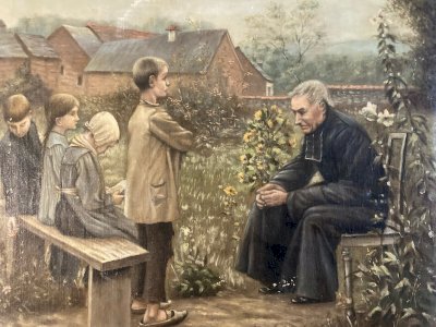 Peinture Huile Toile Painting 1930 Copie Leçon De Catéchisme Prêtre Enfant Jesus
