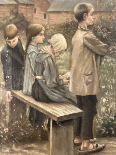 Peinture Huile Toile Painting 1930 Copie Leçon De Catéchisme Prêtre Enfant Jesus