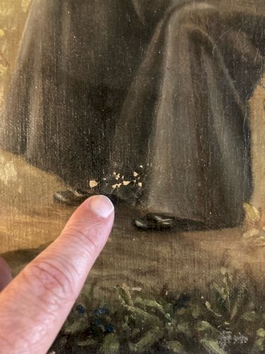 Peinture Huile Toile Painting 1930 Copie Leçon De Catéchisme Prêtre Enfant Jesus