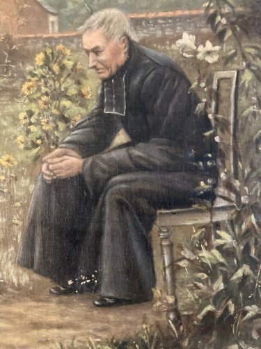 Peinture Huile Toile Painting 1930 Copie Leçon De Catéchisme Prêtre Enfant Jesus