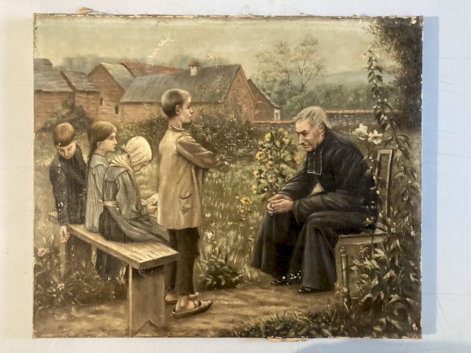 Peinture Huile Toile Painting 1930 Copie Leçon De Catéchisme Prêtre Enfant Jesus