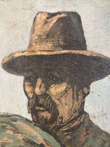 Peinture Huile Toile portrait Homme Au Chapeau A Identifier 1900 Ancien