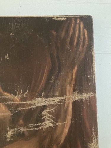 Peinture Huile Toile portrait Homme Enfer Purgatoire Flamme Feu 1900 Art