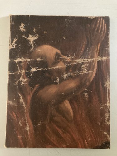 Peinture Huile Toile portrait Homme Enfer Purgatoire Flamme Feu 1900 Art