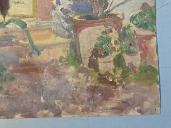 Peinture Huile XX Carton 1920 Impressionniste Jardin Fleur Fleurs Painting