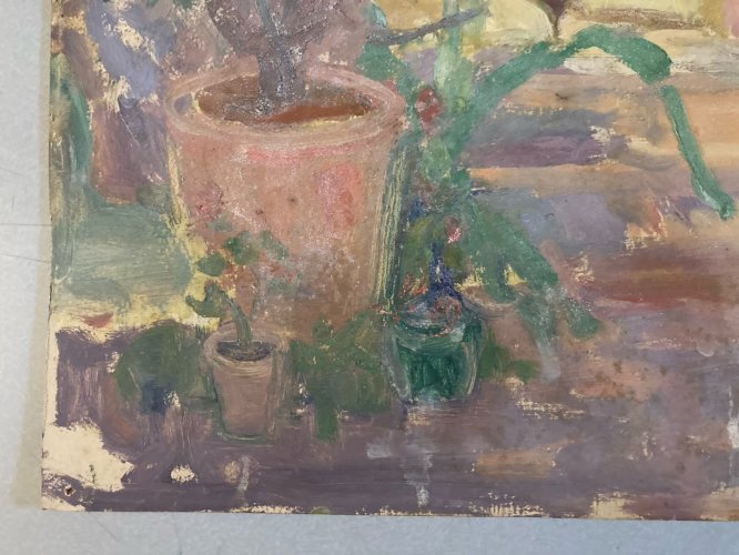 Peinture Huile XX Carton 1920 Impressionniste Jardin Fleur Fleurs Painting