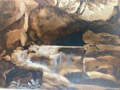 Peinture Lavis Encre Papier XIXe 1850 Montagne Eau A Identifier Art