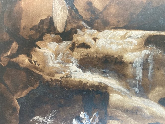 Peinture Lavis Encre Papier XIXe 1850 Montagne Eau A Identifier Art