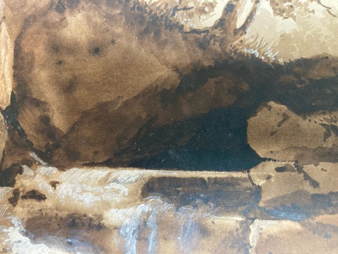 Peinture Lavis Encre Papier XIXe 1850 Montagne Eau A Identifier Art