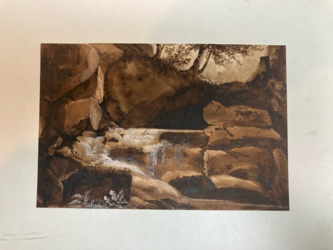 Peinture Lavis Encre Papier XIXe 1850 Montagne Eau A Identifier Art