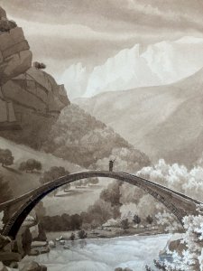 Peinture Lavis Encre Papier XIXe  1850 Montagne Pont A Identifier Art