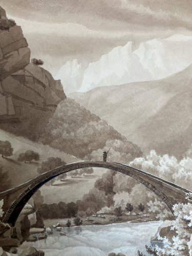 Peinture Lavis Encre Papier XIXe  1850 Montagne Pont A Identifier Art