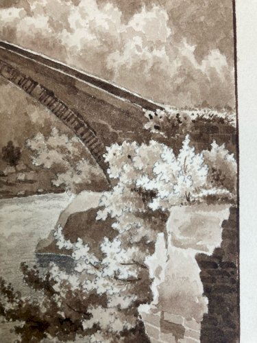 Peinture Lavis Encre Papier XIXe  1850 Montagne Pont A Identifier Art
