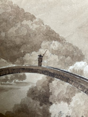 Peinture Lavis Encre Papier XIXe  1850 Montagne Pont A Identifier Art