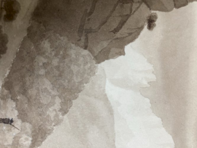 Peinture Lavis Encre Papier XIXe  1850 Montagne Pont A Identifier Art