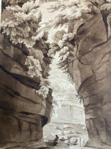 Peinture Lavis Encre Papier XIXe  1850 Montagne Rocher A Identifier
