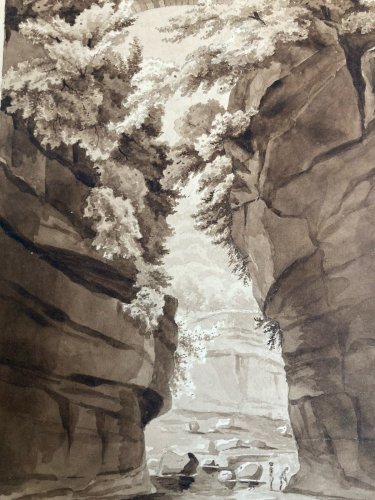 Peinture Lavis Encre Papier XIXe  1850 Montagne Rocher A Identifier