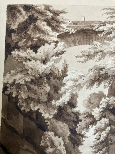 Peinture Lavis Encre Papier XIXe  1850 Montagne Rocher A Identifier