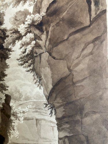 Peinture Lavis Encre Papier XIXe  1850 Montagne Rocher A Identifier