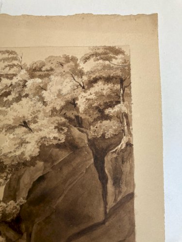 Peinture Lavis Encre Papier XIXe  1850 Montagne Rocher A Identifier