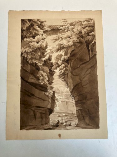 Peinture Lavis Encre Papier XIXe  1850 Montagne Rocher A Identifier