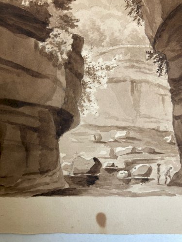 Peinture Lavis Encre Papier XIXe  1850 Montagne Rocher A Identifier