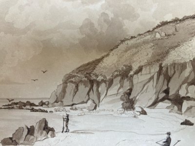 Peinture Lavis Encre Papier XIXe  1850 Plage Art Rocher A Identifier