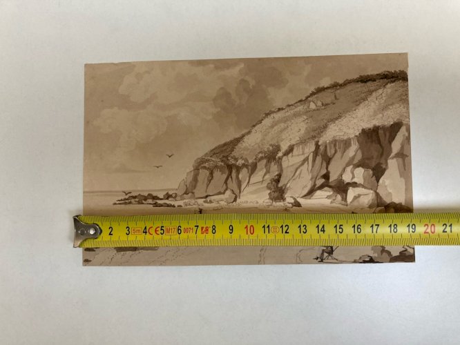 Peinture Lavis Encre Papier XIXe  1850 Plage Art Rocher A Identifier