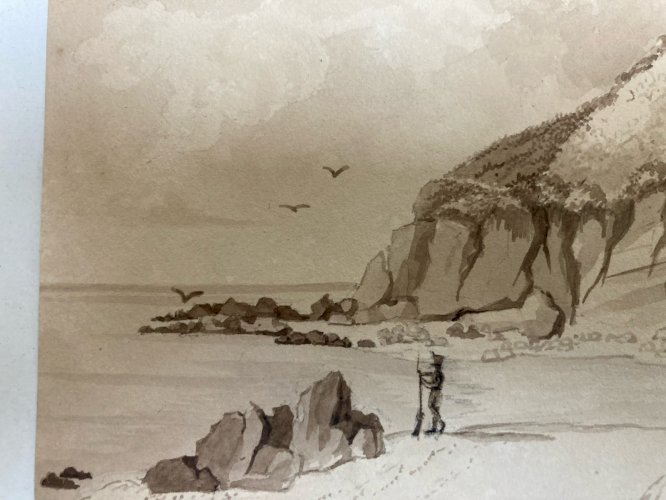 Peinture Lavis Encre Papier XIXe  1850 Plage Art Rocher A Identifier