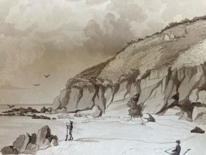 Peinture Lavis Encre Papier XIXe  1850 Plage Art Rocher A Identifier