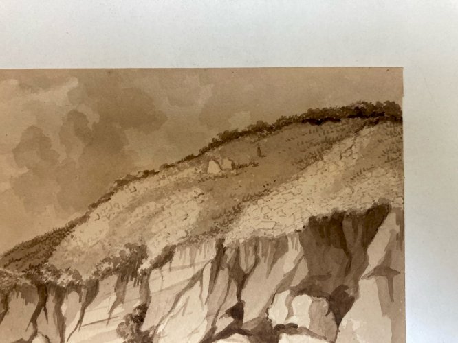 Peinture Lavis Encre Papier XIXe  1850 Plage Art Rocher A Identifier