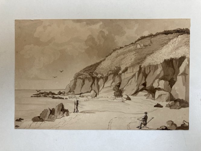 Peinture Lavis Encre Papier XIXe  1850 Plage Art Rocher A Identifier