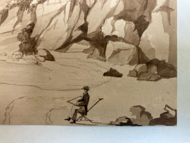 Peinture Lavis Encre Papier XIXe  1850 Plage Art Rocher A Identifier