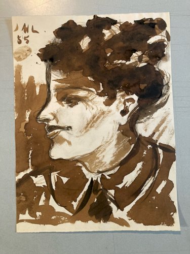 Peinture Lavis Encre Portrait Expressionniste Femme Expressionnisme 1950