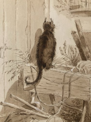 Peinture Lavis Encre Sur Papier XIXe  1850 Chat Animal Animaux Oiseau