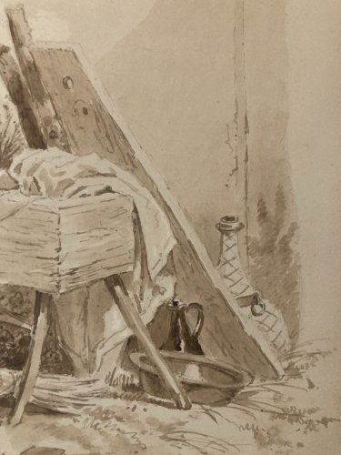 Peinture Lavis Encre Sur Papier XIXe  1850 Chat Animal Animaux Oiseau