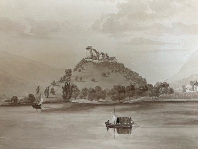 Peinture Lavis Papier XIXe château de Gourdouillon à Sion Ancien Art 1850